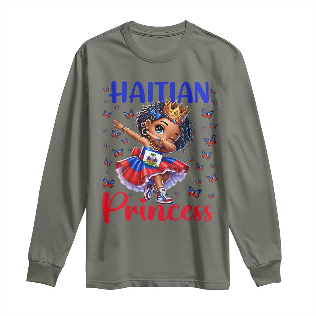 Cute Dabbing Haitian Princess Kids Graphic Long Sleeve Shirt Haiti Heritage Pride TS02 Military Green Print Your Wear