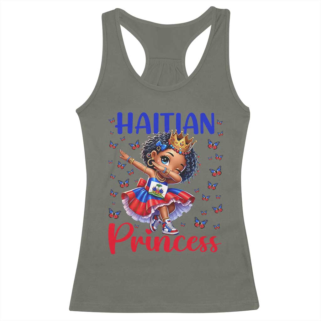 Cute Dabbing Haitian Princess Kids Graphic Racerback Tank Top Haiti Heritage Pride TS02 Military Green Print Your Wear