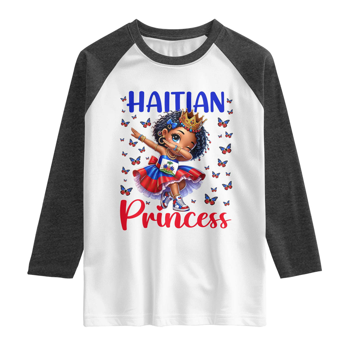 Cute Dabbing Haitian Princess Kids Graphic Raglan Shirt Haiti Heritage Pride TS02 White Heather Charcoal Print Your Wear