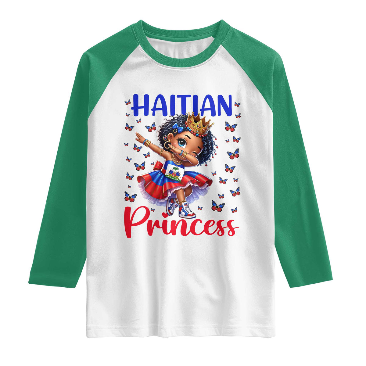 Cute Dabbing Haitian Princess Kids Graphic Raglan Shirt Haiti Heritage Pride TS02 White Kelly Green Print Your Wear