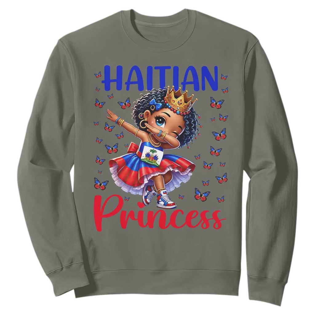 Cute Dabbing Haitian Princess Kids Graphic Sweatshirt Haiti Heritage Pride TS02 Military Green Print Your Wear