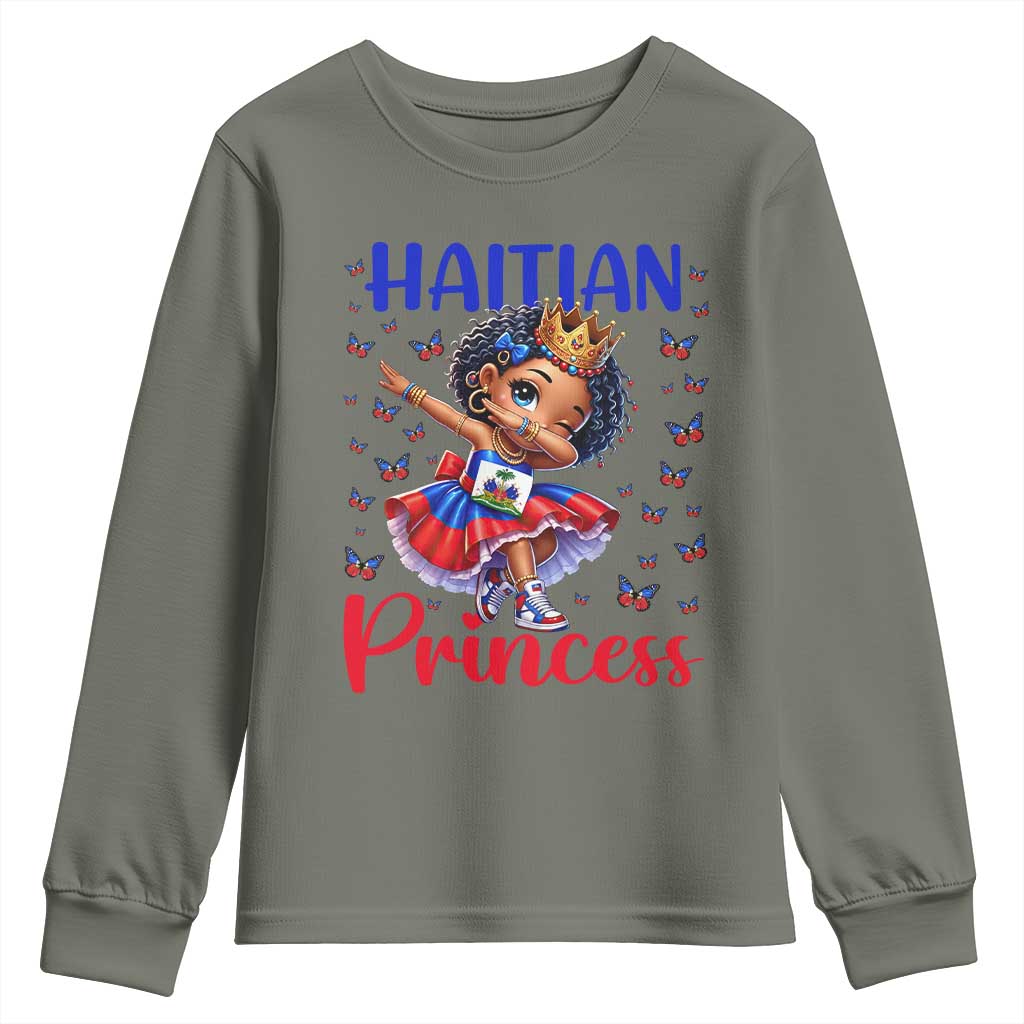 Cute Dabbing Haitian Princess Kids Graphic Youth Sweatshirt Haiti Heritage Pride TS02 Military Green Print Your Wear