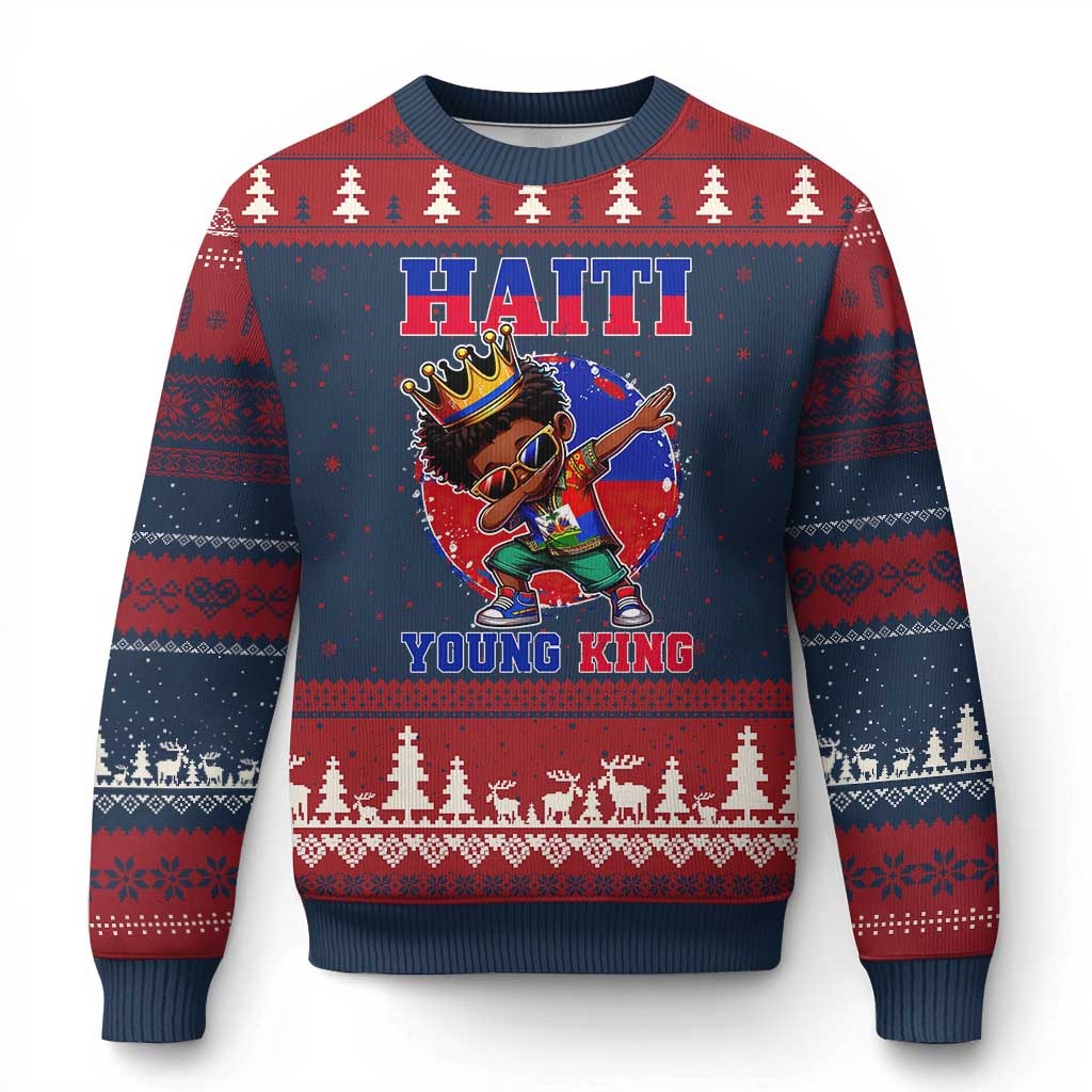 Haiti Young King Dabbing Boy Kids Graphic Ugly Christmas Sweater Haitian Heritage Pride TS02 Navy Red Print Your Wear