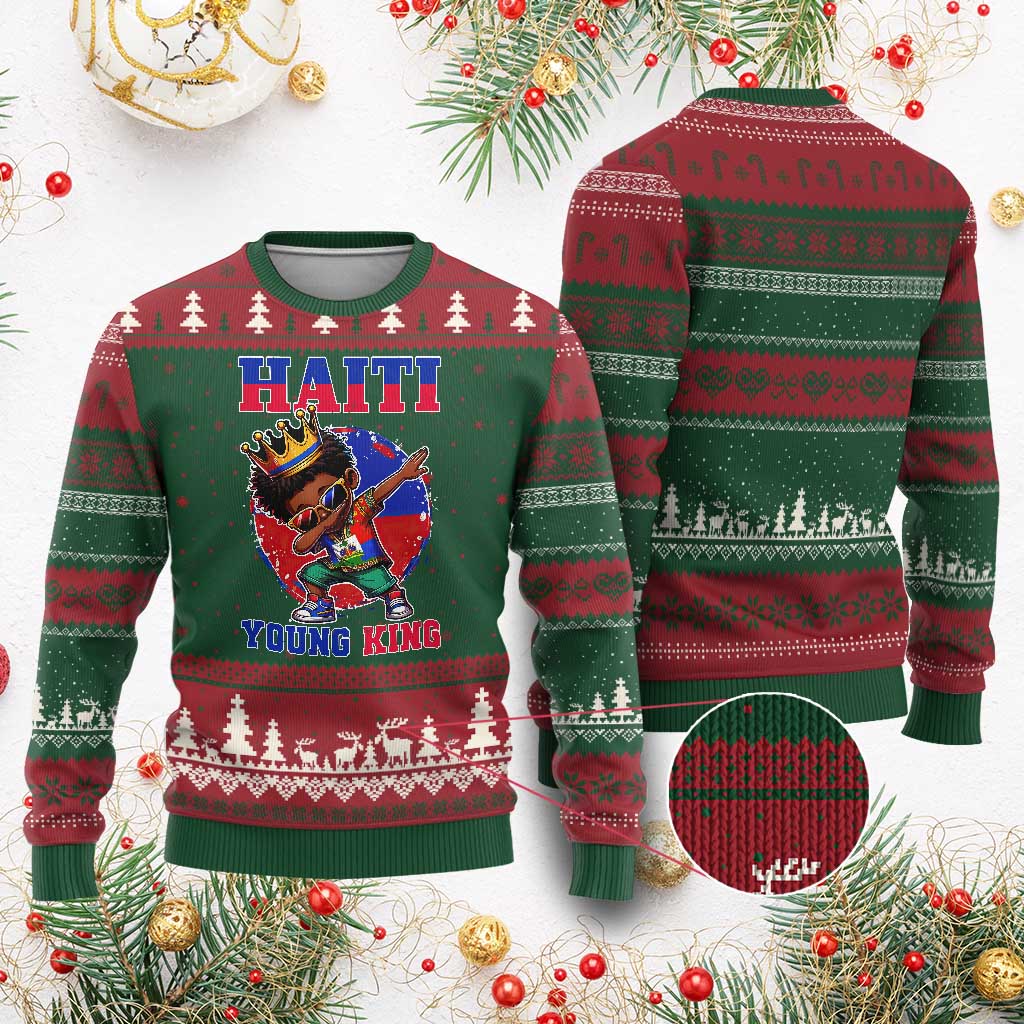 Haiti Young King Dabbing Boy Kids Graphic Ugly Christmas Sweater Haitian Heritage Pride TS02 Red Green Print Your Wear
