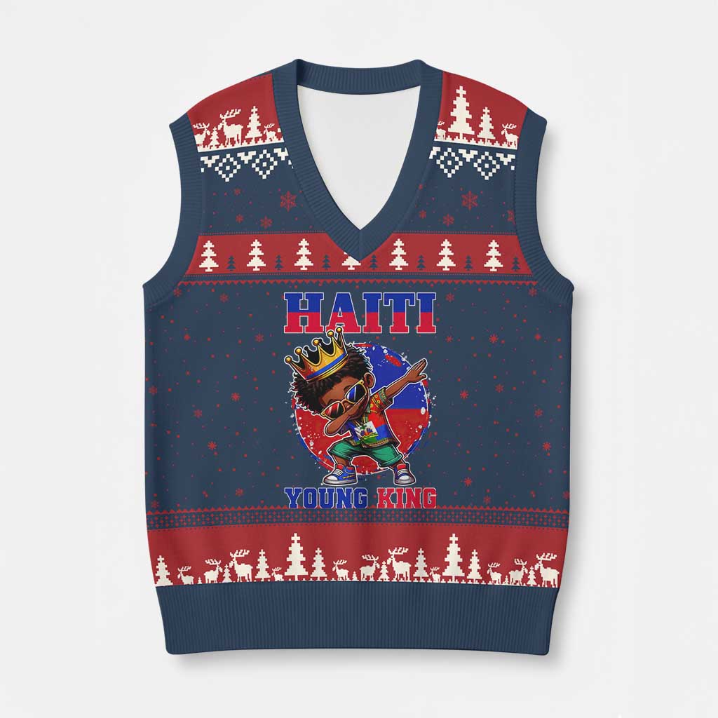 Haiti Young King Dabbing Boy Kids Graphic V-Neck Knit Sweater Vest Haitian Heritage Pride TS02 Navy Red Print Your Wear