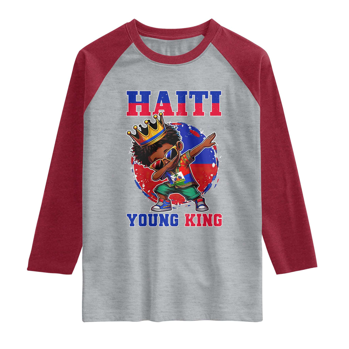 Haiti Young King Dabbing Boy Kids Graphic Raglan Shirt Haitian Heritage Pride TS02 Heather Gray Heather Red Print Your Wear