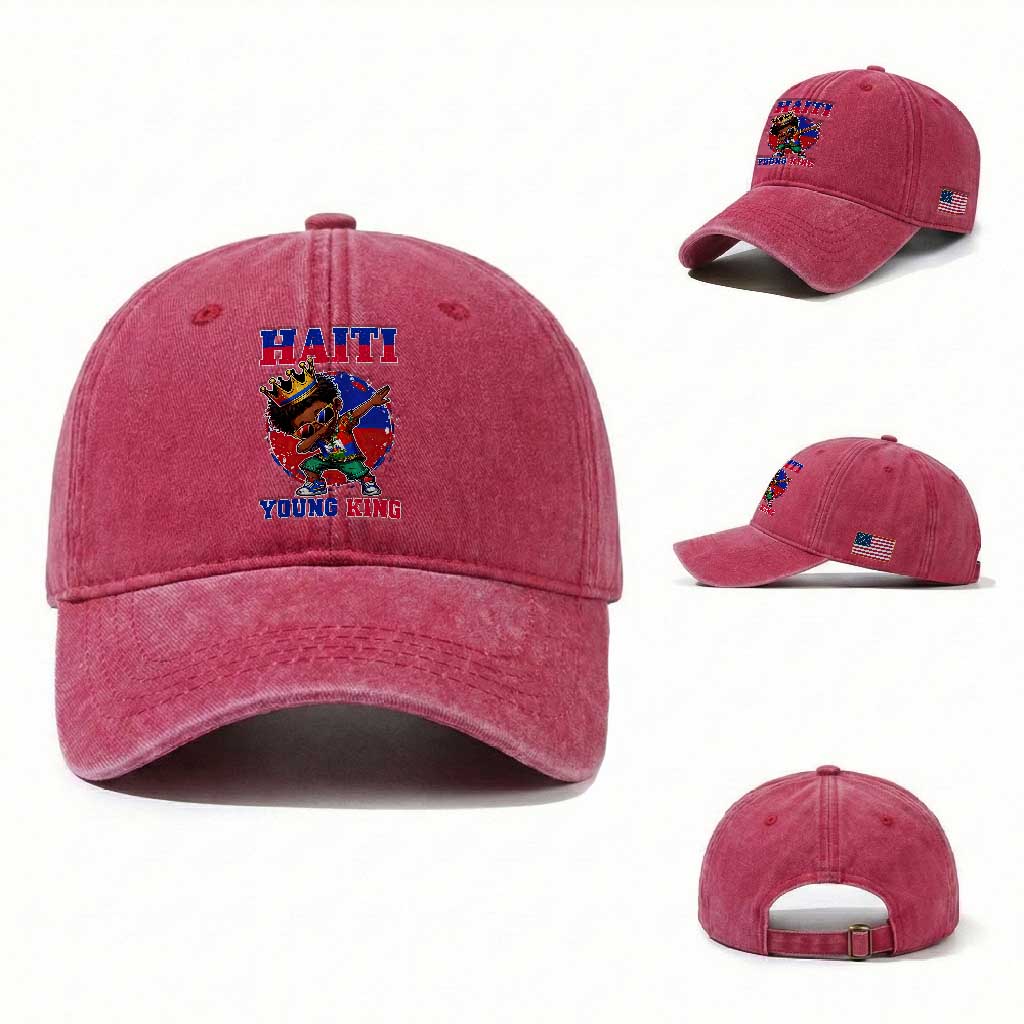 Haiti Young King Dabbing Boy Kids Graphic Washed Cotton Baseball Cap Haitian Heritage Pride TS02 Washed Cap Universal Fit Red Print Your Wear