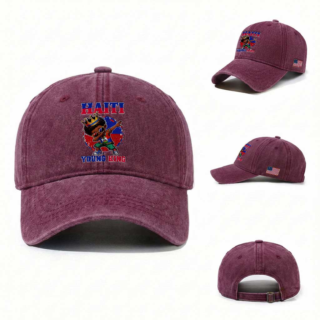 Haiti Young King Dabbing Boy Kids Graphic Washed Cotton Baseball Cap Haitian Heritage Pride TS02 Washed Cap Universal Fit Burgundy Print Your Wear