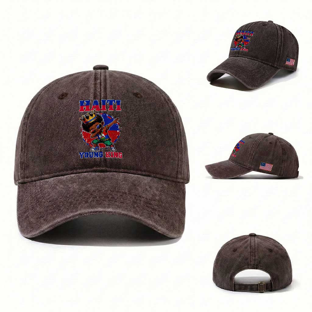 Haiti Young King Dabbing Boy Kids Graphic Washed Cotton Baseball Cap Haitian Heritage Pride TS02 Washed Cap Universal Fit Dark Brown Print Your Wear