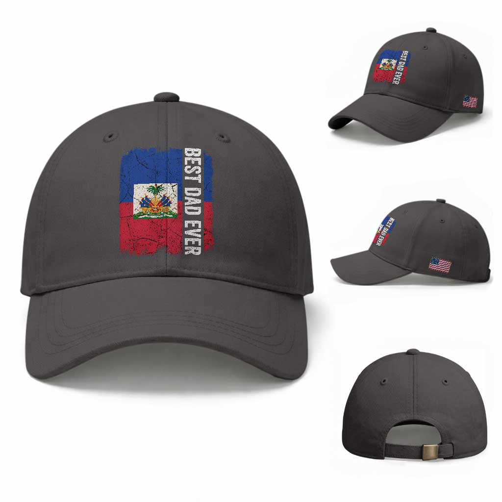 Best Dad Ever Haitian Papa Baseball Cap Vintage Distressed Haiti Flag Father's Day TS02 Baseball Cap Universal Fit Dark Gray Print Your Wear