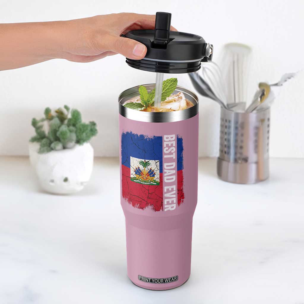 Best Dad Ever Haitian Papa Flip Straw Tumbler Vintage Distressed Haiti Flag Father's Day TS02 One Size: 30 oz Light Pink Print Your Wear