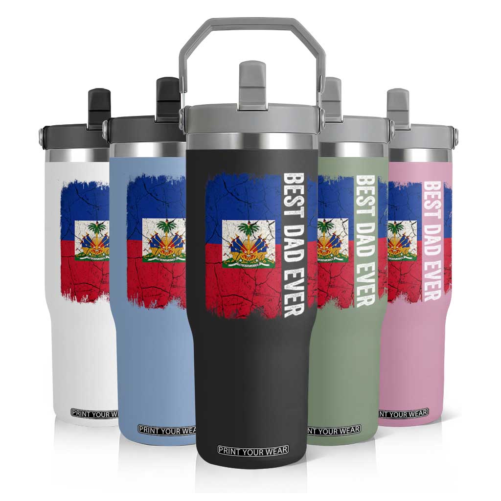 Best Dad Ever Haitian Papa Flip Straw Tumbler Vintage Distressed Haiti Flag Father's Day TS02 Print Your Wear