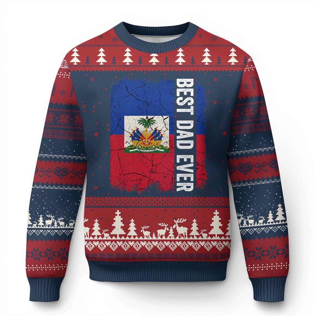 Best Dad Ever Haitian Papa Ugly Christmas Sweater Vintage Distressed Haiti Flag Father's Day TS02 Navy Red Print Your Wear