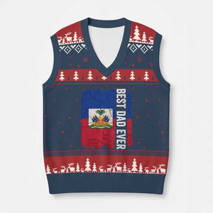 Best Dad Ever Haitian Papa V-Neck Knit Sweater Vest Vintage Distressed Haiti Flag Father's Day TS02 Navy Red Print Your Wear
