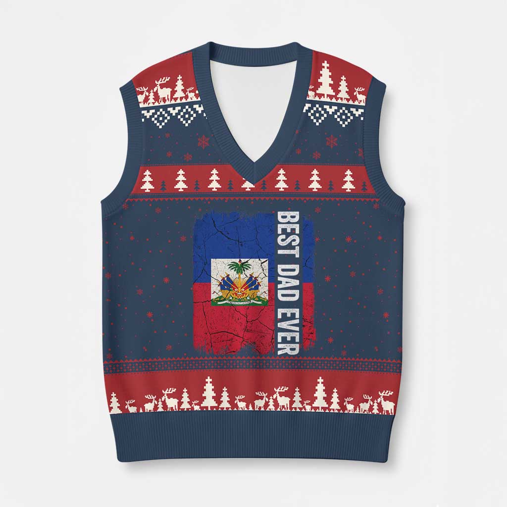 Best Dad Ever Haitian Papa V-Neck Knit Sweater Vest Vintage Distressed Haiti Flag Father's Day TS02 Navy Red Print Your Wear