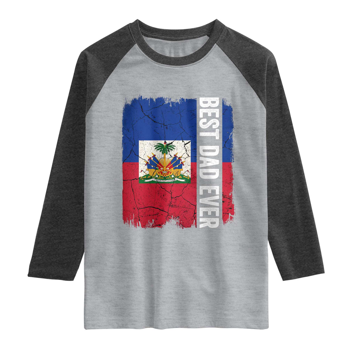 Best Dad Ever Haitian Papa Raglan Shirt Vintage Distressed Haiti Flag Father's Day TS02 Heather Gray Heather Charcoal Print Your Wear