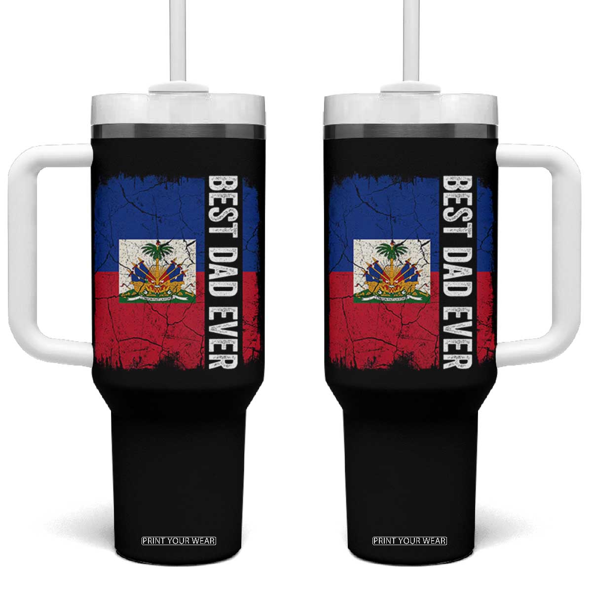 Best Dad Ever Haitian Papa Tumbler With Handle Vintage Distressed Haiti Flag Father's Day TS02 One Size: 40 oz Black Print Your Wear