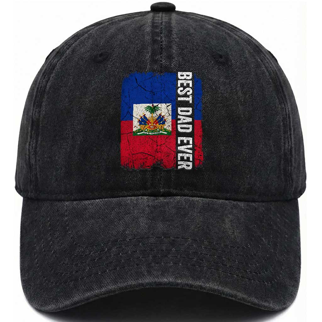 Best Dad Ever Haitian Papa Washed Cotton Baseball Cap Vintage Distressed Haiti Flag Father's Day TS02 Print Your Wear