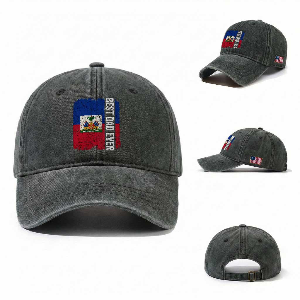 Best Dad Ever Haitian Papa Washed Cotton Baseball Cap Vintage Distressed Haiti Flag Father's Day TS02 Washed Cap Universal Fit Dark Green Print Your Wear