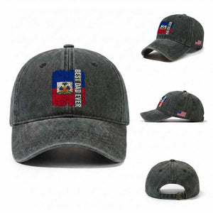 Best Dad Ever Haitian Papa Washed Cotton Baseball Cap Vintage Distressed Haiti Flag Father's Day TS02 Washed Cap Universal Fit Dark Green Print Your Wear