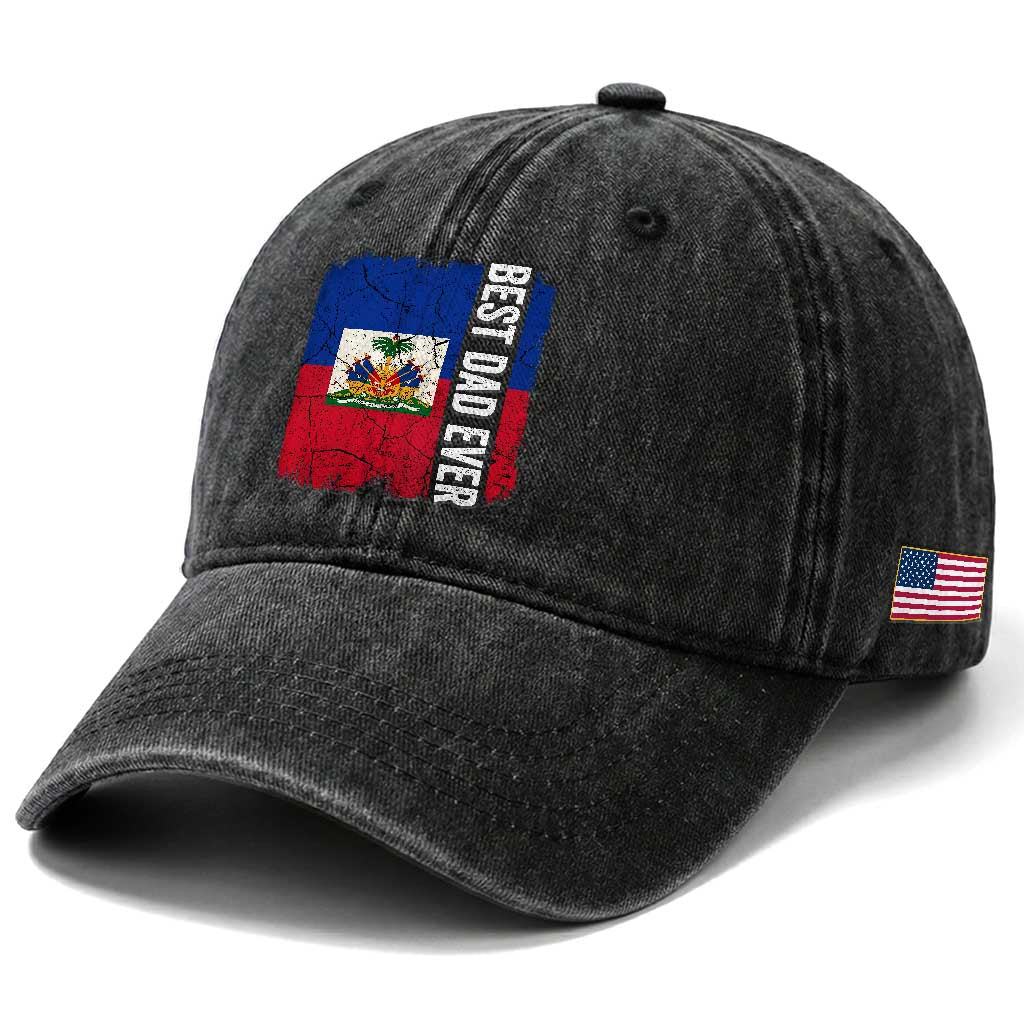 Best Dad Ever Haitian Papa Washed Cotton Baseball Cap Vintage Distressed Haiti Flag Father's Day TS02 Print Your Wear
