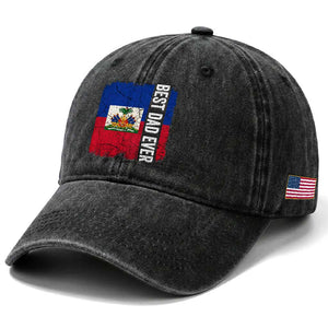 Best Dad Ever Haitian Papa Washed Cotton Baseball Cap Vintage Distressed Haiti Flag Father's Day TS02 Print Your Wear