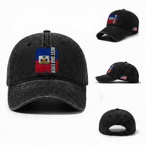 Best Dad Ever Haitian Papa Washed Cotton Baseball Cap Vintage Distressed Haiti Flag Father's Day TS02 Washed Cap Universal Fit Black Print Your Wear