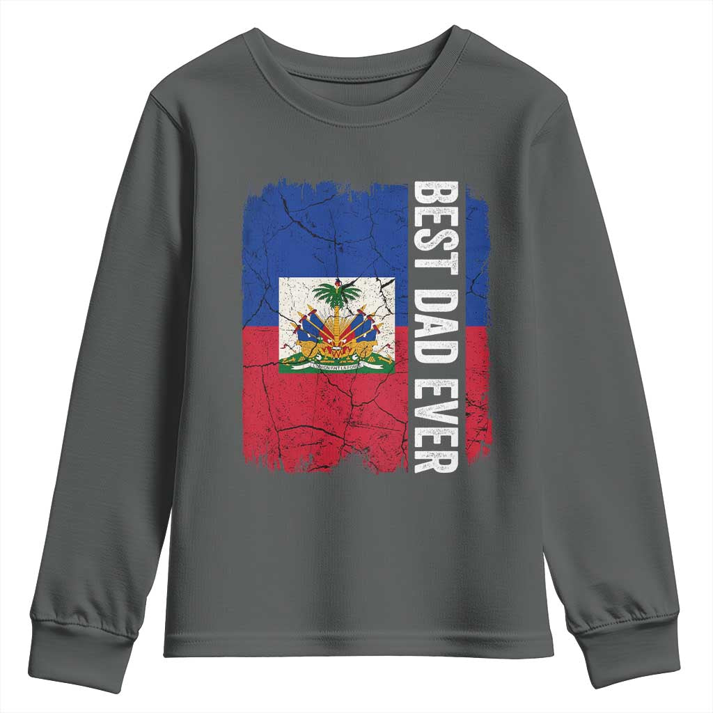 Best Dad Ever Haitian Papa Youth Sweatshirt Vintage Distressed Haiti Flag Father's Day TS02 Dark Heather Print Your Wear