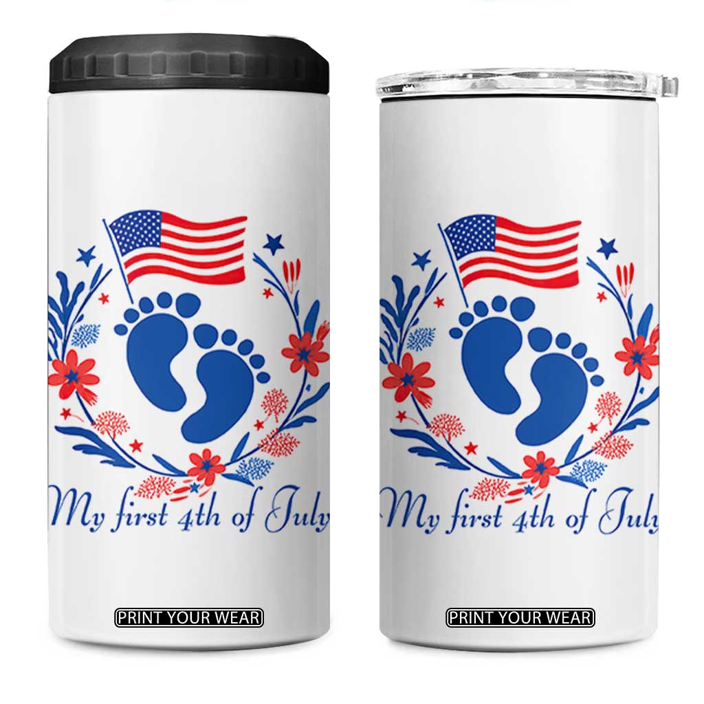 My First 4th of July Patriotic Cute Baby Footprints 4 in 1 Can Cooler Tumbler American Flag Wreath America Holiday Milestone