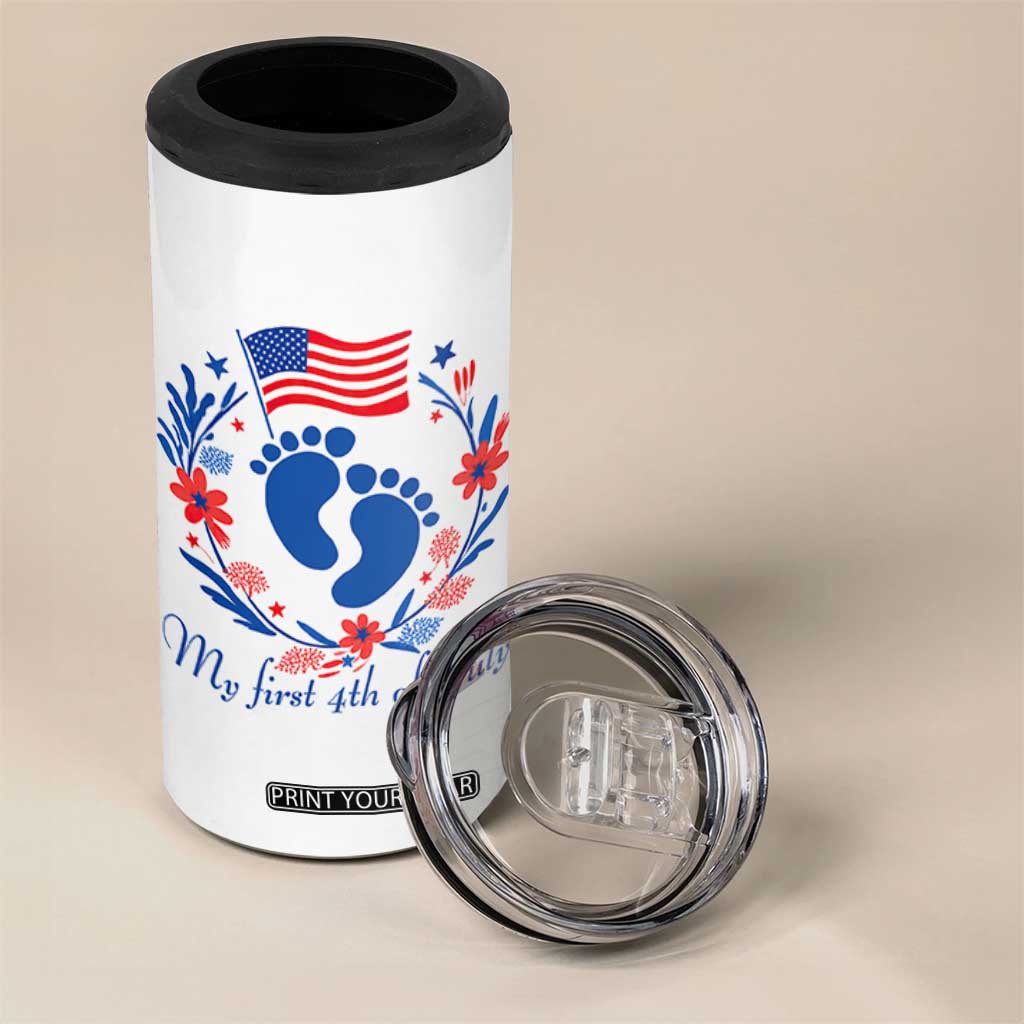 My First 4th of July Patriotic Cute Baby Footprints 4 in 1 Can Cooler Tumbler American Flag Wreath America Holiday Milestone