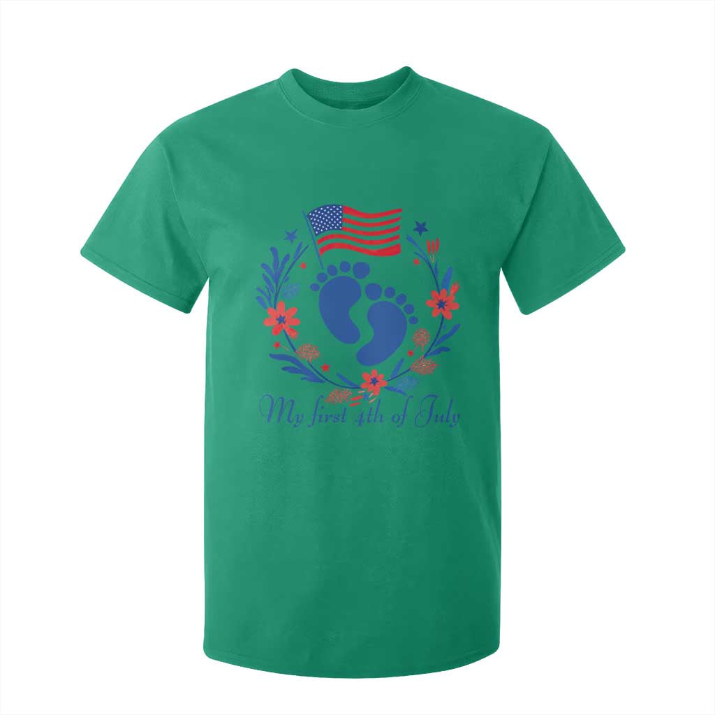 My First 4th of July Patriotic Cute Baby Footprints T Shirt For Kid American Flag Wreath America Holiday Milestone