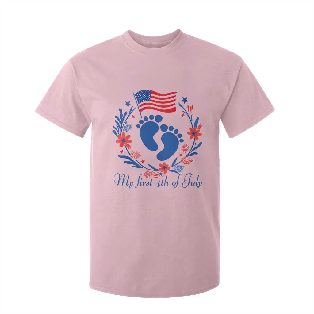 My First 4th of July Patriotic Cute Baby Footprints T Shirt For Kid American Flag Wreath America Holiday Milestone