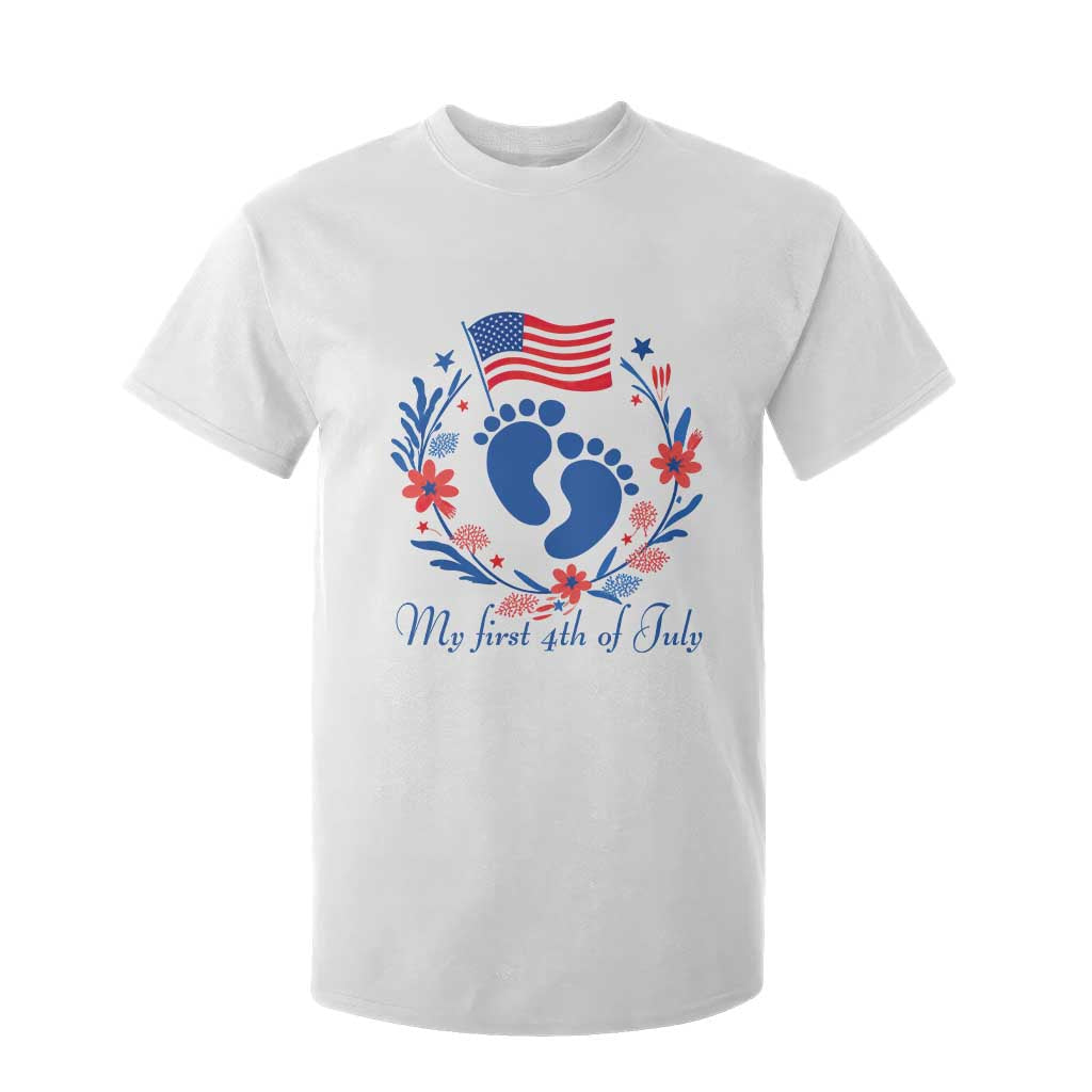 My First 4th of July Patriotic Cute Baby Footprints T Shirt For Kid American Flag Wreath America Holiday Milestone