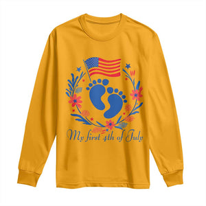 My First 4th of July Patriotic Cute Baby Footprints Long Sleeve Shirt American Flag Wreath America Holiday Milestone