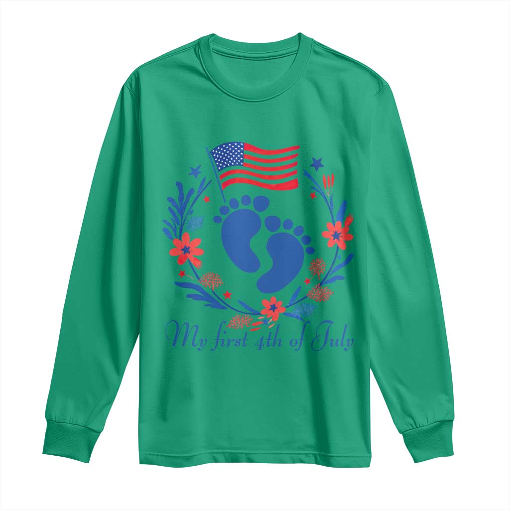 My First 4th of July Patriotic Cute Baby Footprints Long Sleeve Shirt American Flag Wreath America Holiday Milestone