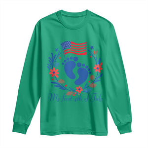 My First 4th of July Patriotic Cute Baby Footprints Long Sleeve Shirt American Flag Wreath America Holiday Milestone
