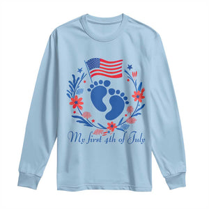My First 4th of July Patriotic Cute Baby Footprints Long Sleeve Shirt American Flag Wreath America Holiday Milestone