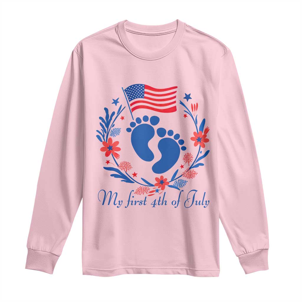My First 4th of July Patriotic Cute Baby Footprints Long Sleeve Shirt American Flag Wreath America Holiday Milestone