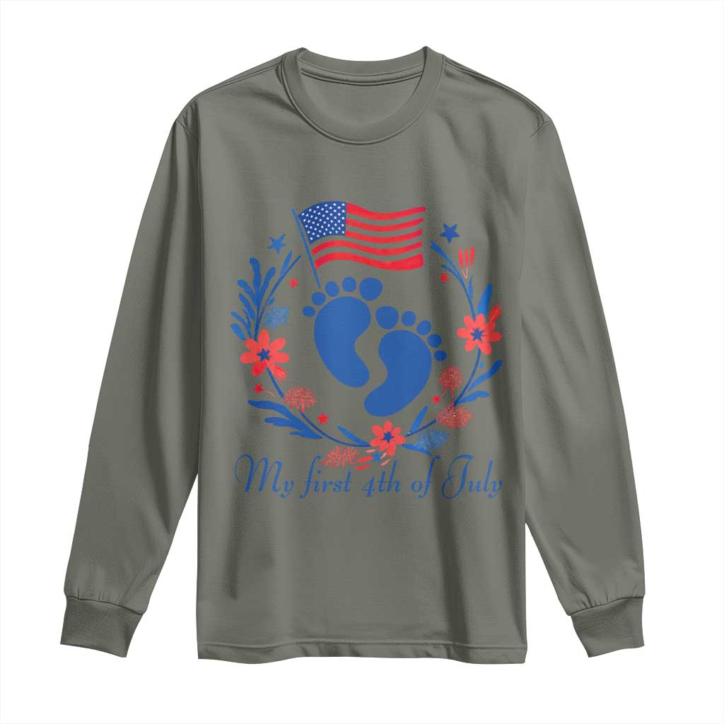 My First 4th of July Patriotic Cute Baby Footprints Long Sleeve Shirt American Flag Wreath America Holiday Milestone
