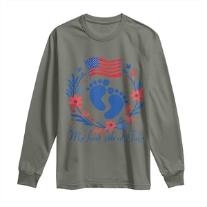 My First 4th of July Patriotic Cute Baby Footprints Long Sleeve Shirt American Flag Wreath America Holiday Milestone