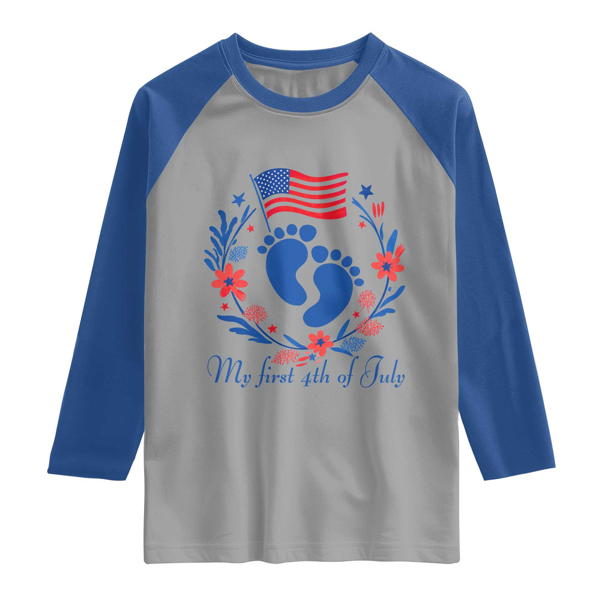 My First 4th of July Patriotic Cute Baby Footprints Raglan Shirt American Flag Wreath America Holiday Milestone