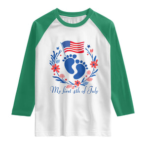 My First 4th of July Patriotic Cute Baby Footprints Raglan Shirt American Flag Wreath America Holiday Milestone