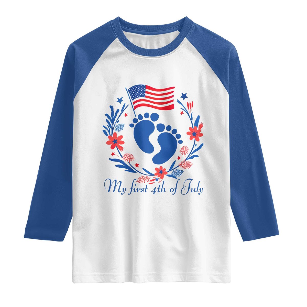 My First 4th of July Patriotic Cute Baby Footprints Raglan Shirt American Flag Wreath America Holiday Milestone