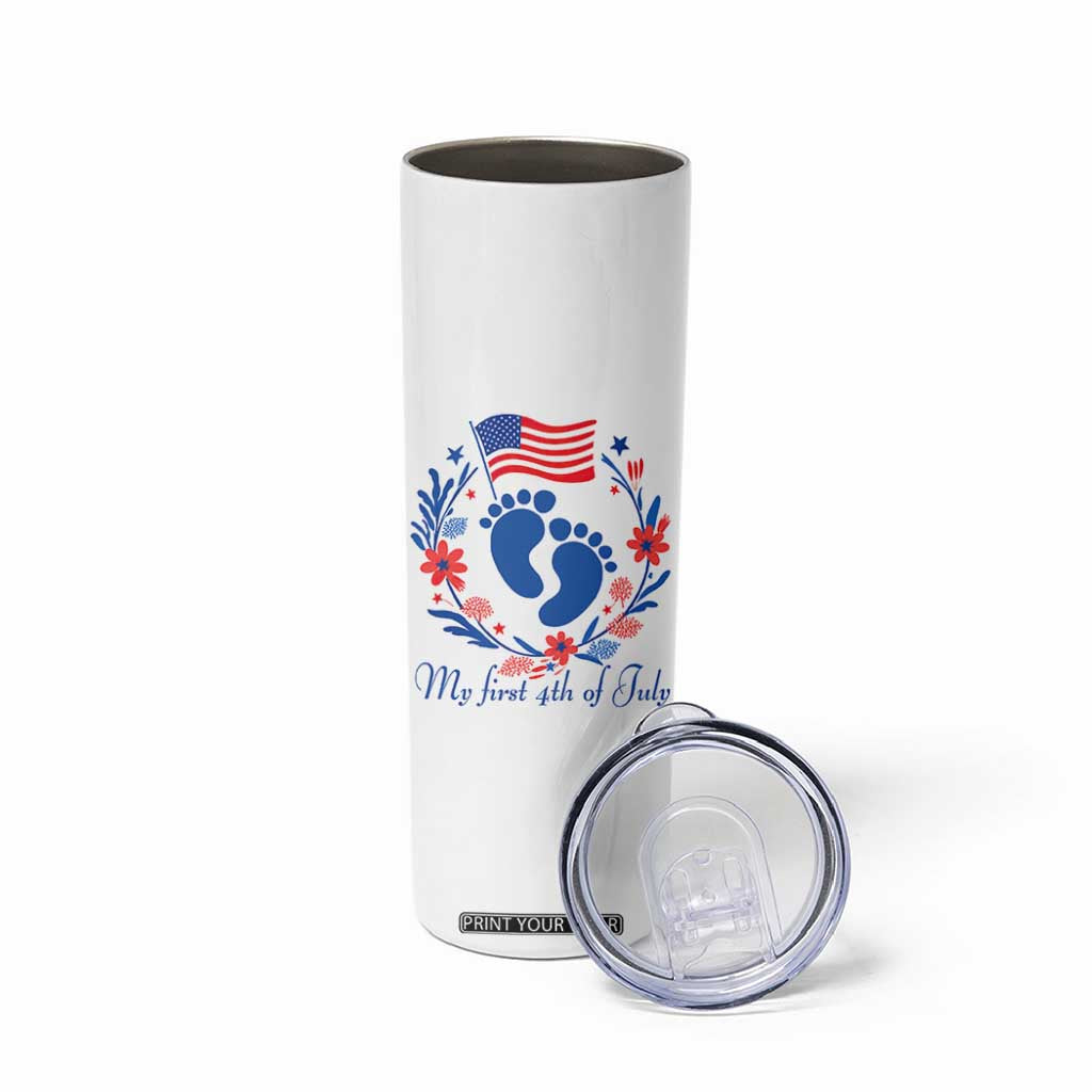 My First 4th of July Patriotic Cute Baby Footprints Skinny Tumbler American Flag Wreath America Holiday Milestone