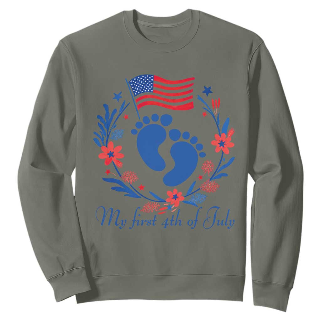 My First 4th of July Patriotic Cute Baby Footprints Sweatshirt American Flag Wreath America Holiday Milestone