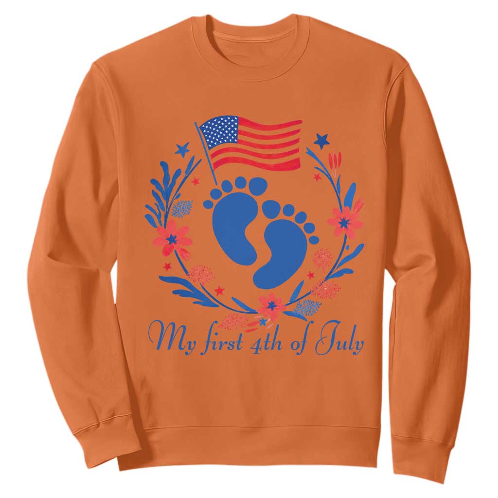 My First 4th of July Patriotic Cute Baby Footprints Sweatshirt American Flag Wreath America Holiday Milestone