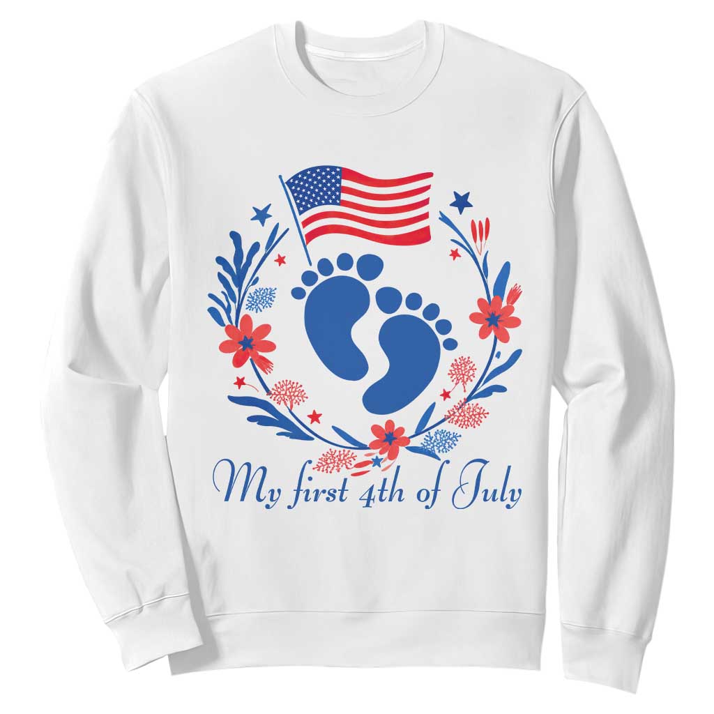 My First 4th of July Patriotic Cute Baby Footprints Sweatshirt American Flag Wreath America Holiday Milestone