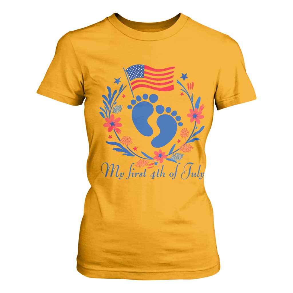 My First 4th of July Patriotic Cute Baby Footprints T Shirt For Women American Flag Wreath America Holiday Milestone