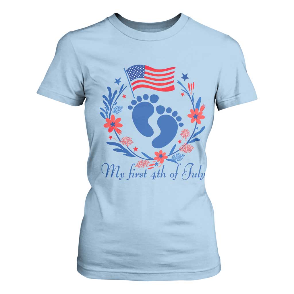 My First 4th of July Patriotic Cute Baby Footprints T Shirt For Women American Flag Wreath America Holiday Milestone