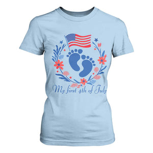 My First 4th of July Patriotic Cute Baby Footprints T Shirt For Women American Flag Wreath America Holiday Milestone
